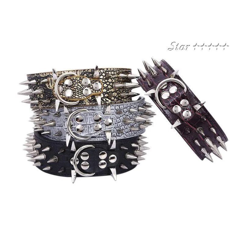 Dog Collars leashes wholesale-2inch wide Sharp Spikes studded Horn Nails Leather for Pitbl Mastiffサイズ