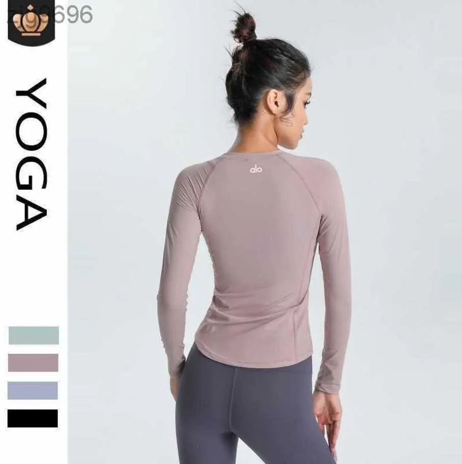 2023 Desginer Al Yoga Tショートトップトップスリミングスキン通気性ストレッチ長袖スポーツランニングトレーニングフィットネススーツ