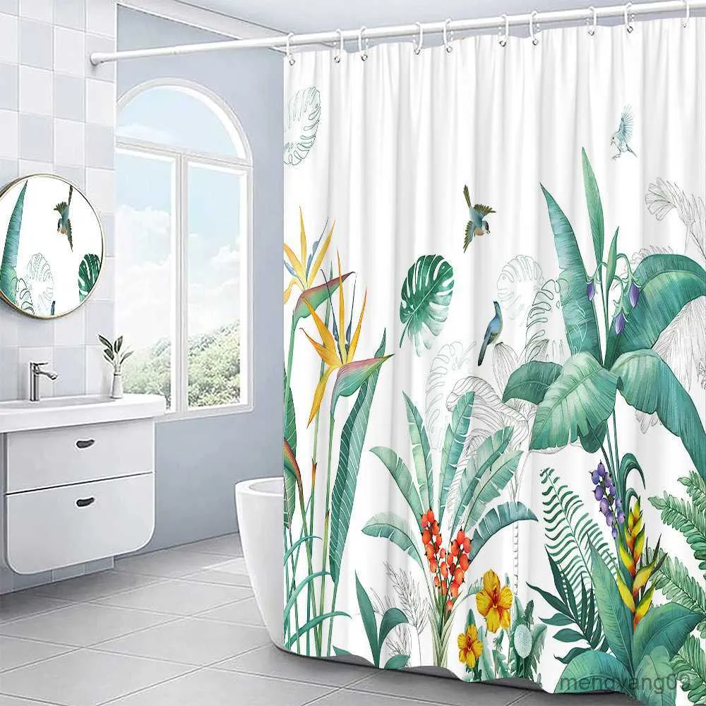 Cortinas de chuveiro floral cortina de chuveiro aquarela planta flor folhas arte estética tecido decoração pano cortina acessórios do banheiro conjunto r230830