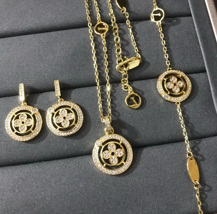 Moda jóias de latão argola flor pingente colar pulseiras colares de aço inoxidável brinco para meninas feminino presente conjuntos de jóias com caixa LVS13 - 33