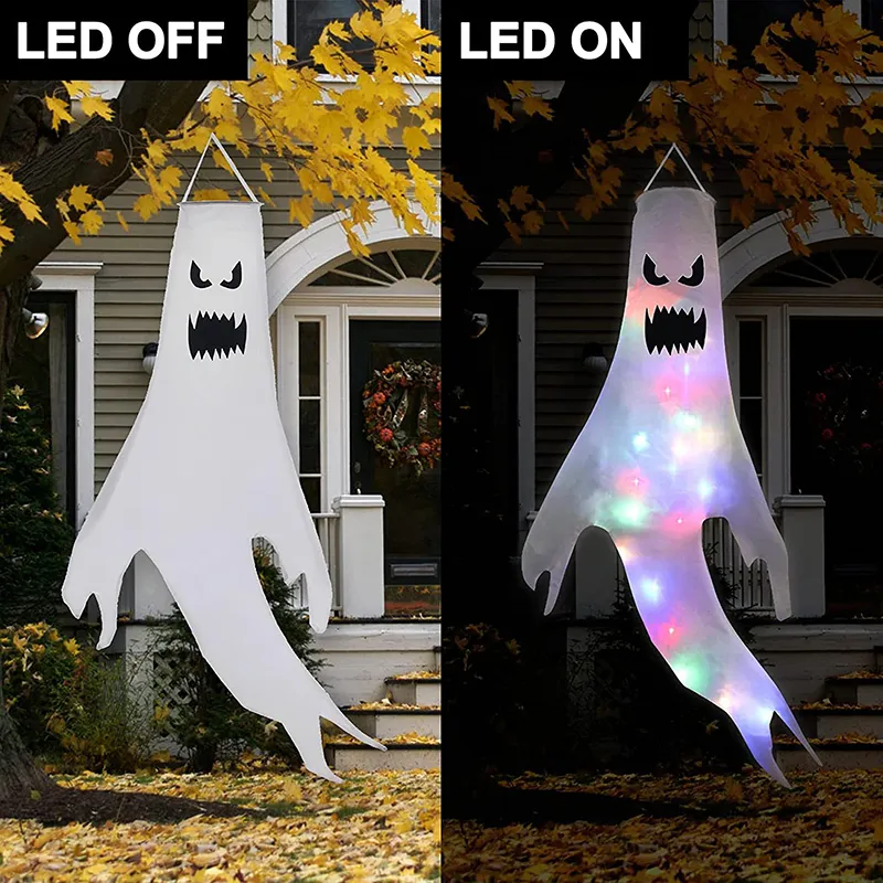 51 tum Halloween Ghost Windsocks Led Light Up Ghost Hanging Decorations Flag Wind Socks For Home Yard Outdoor Decor Party Supplies