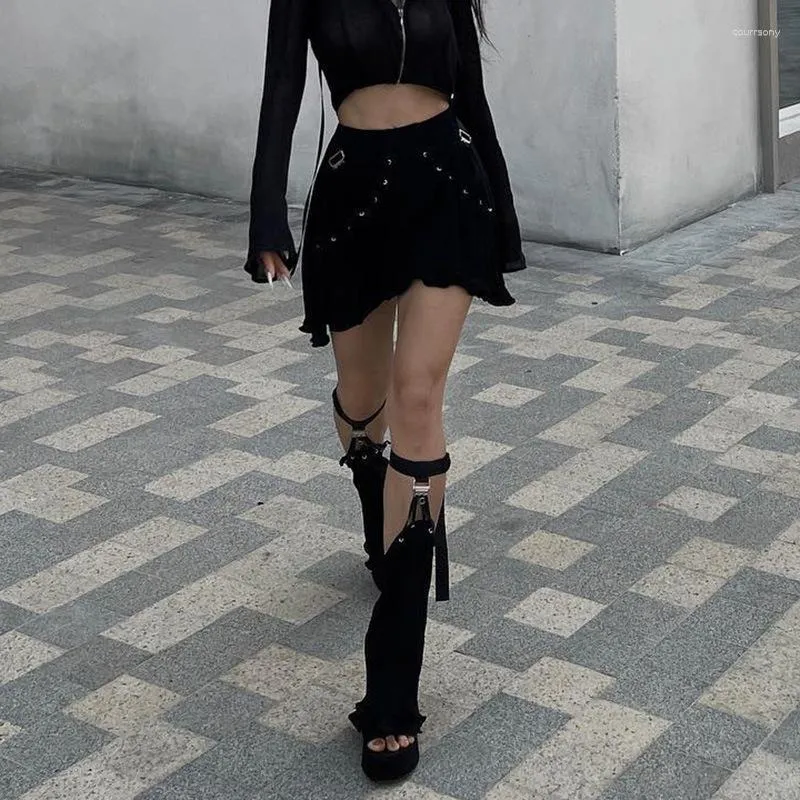 Etekler yan bandaj koyu ince fit kısa etek yaz tatlı kızlar gotik tarzı gündelik siyah kayışlar seksi elbise kıyafetleri kadınlar için 2023