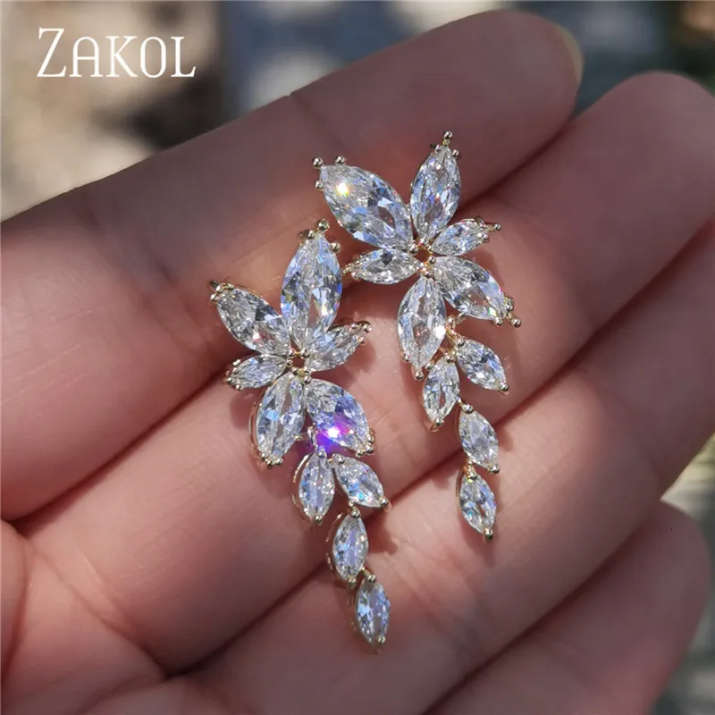 Hoop Huggie ZAKOL Fashion Leaf Zircon Drop Earrings for Women White Gold Color Marquise Crystal Bridal Earring Wedding Party Jewelry 230829