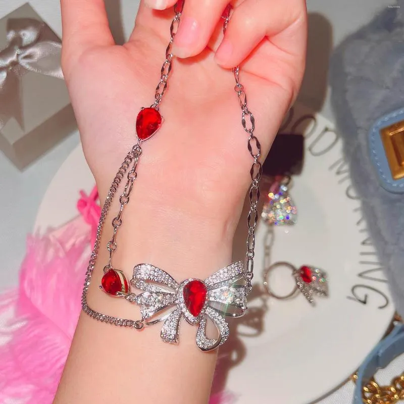 Jewelry Pouches Micro-studded Red Diamond Bow Set Necklace With Full Design Super Fairy Butterfly Heart-shaped Opening Ring Female