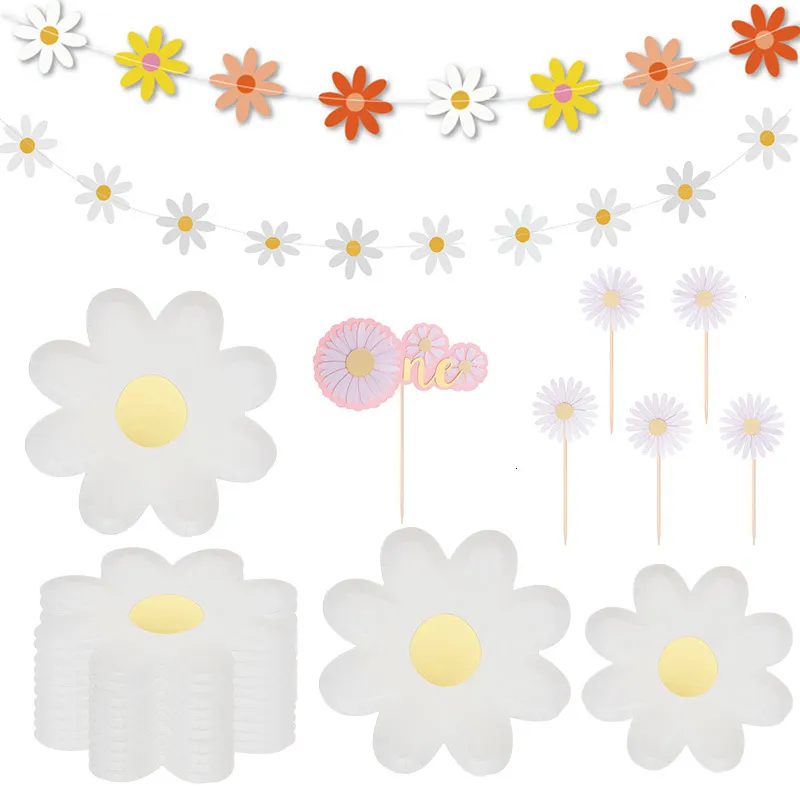 Decorative Objects Figurines Daisy Birthday Party Decoration For Kids Flag Pulling 7inch Plate First Supplies 230829