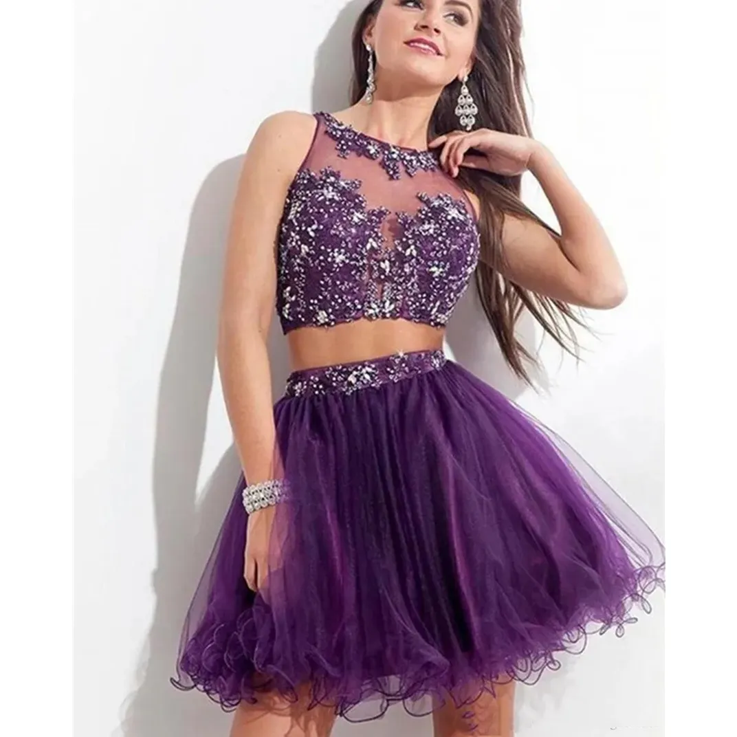 Sexy Purple Short Two Pieces Homecoming Dresses Beaded Crystal Appliques A-Line Tail Gown Custom Made Graduation Prom Dress 328 328