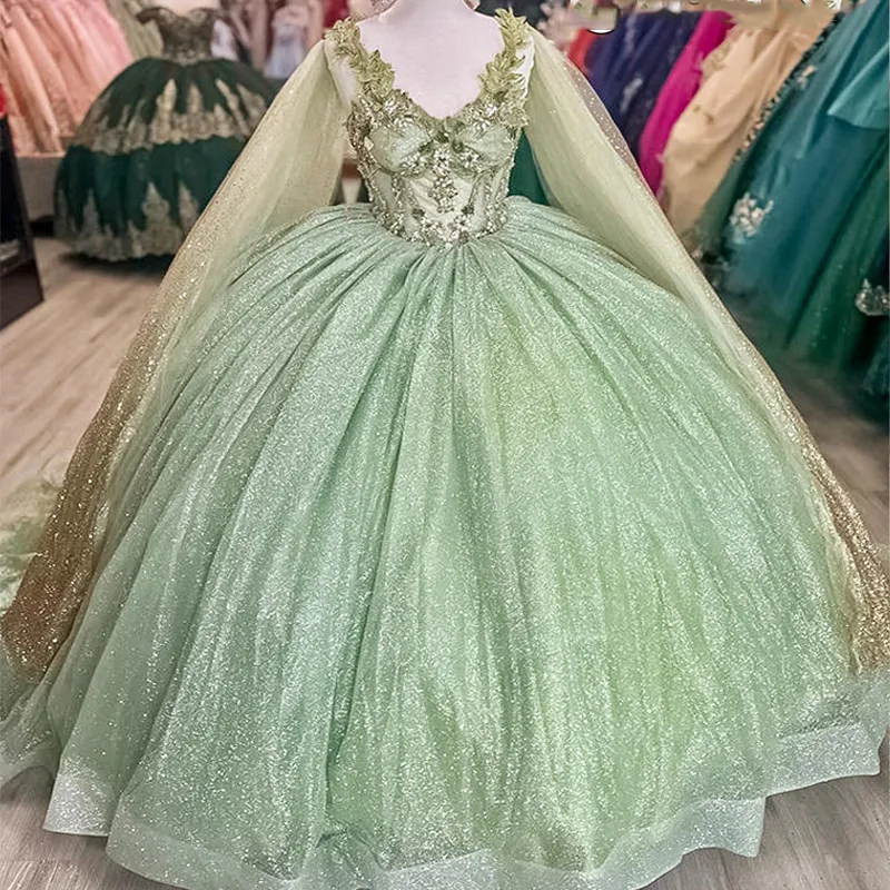 Sage Green Shiny Quinceanera Dress Sleeveless For 15 Girls Ball Gown Appliques Beads With Cape Formal Prom vestidos de 15