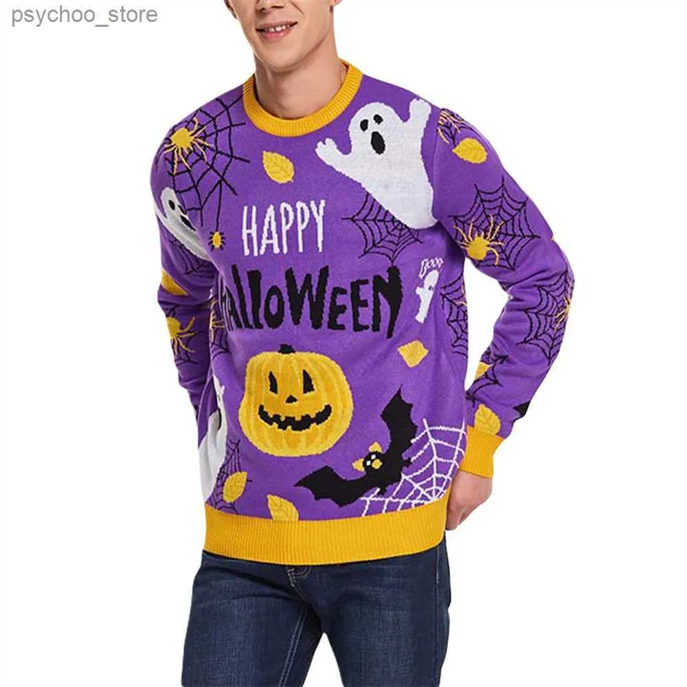 Men Knitted Sweater Halloween Pumpkin Print Long Sleeve Jumper Fall Casual Pullovers Tops Men's Clothing Letter Sweaters Q230830