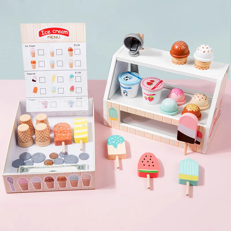 Cucine Gioca Cibo Simulazione Montessori Vassoio per gelato Set Giocattolo educativo Finta Negozio di legno Cono Cucina Regalo per bambini 230830