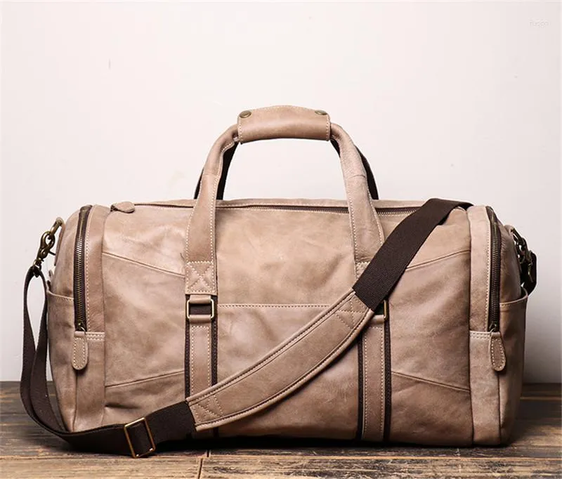 Duffel Çantalar Büyük Büyük Vintage Kahverengi Kahve Kayıtlı Üst Tahıl Gerçek Deri Kadın Erkekler Seyahat Çantası Omuz Messenger Gym Duffle M9013