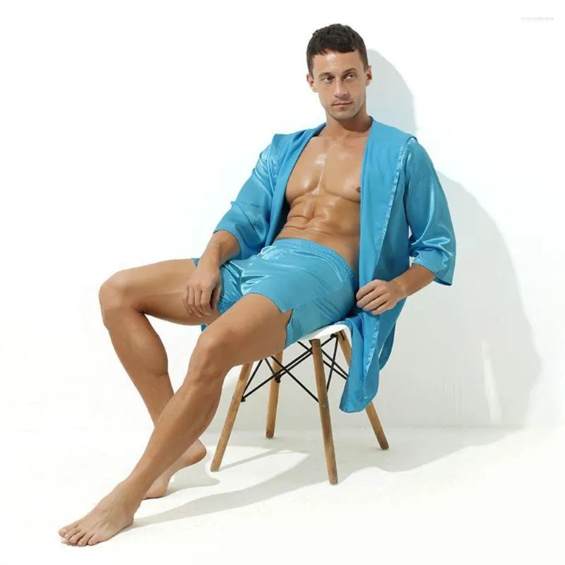 Мужская одежда для сна с твердым цветом тонкий сексуальный короткий рукав простой свободный халат Большой кружево пижам