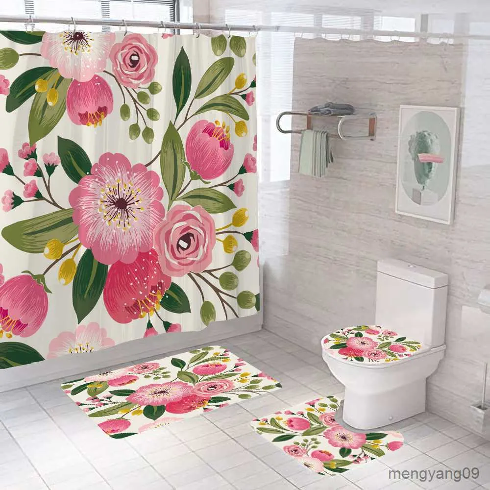 Duschvorhänge, rosa Blumen, Rose, bedruckt, Duschvorhang-Set, wasserdicht, für Damen, Baden, Badezimmer, Sockelteppich, Teppichbezug, R230831