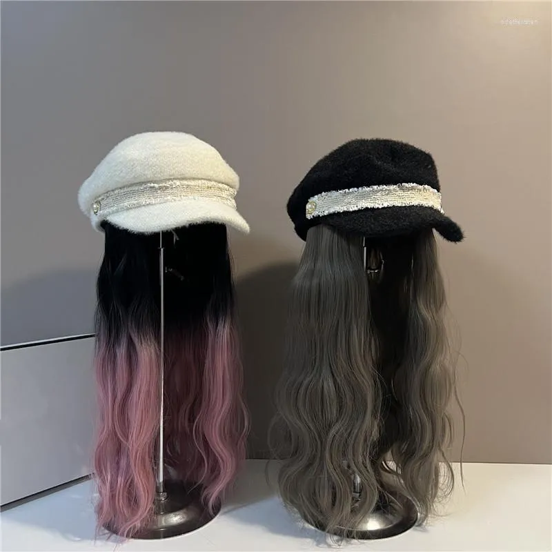 Berets 202308-shi ins chique moda imitação de vison pérola retalhos longo legal falso cabelo senhora serviço chapéu mulheres lazer viseiras boné