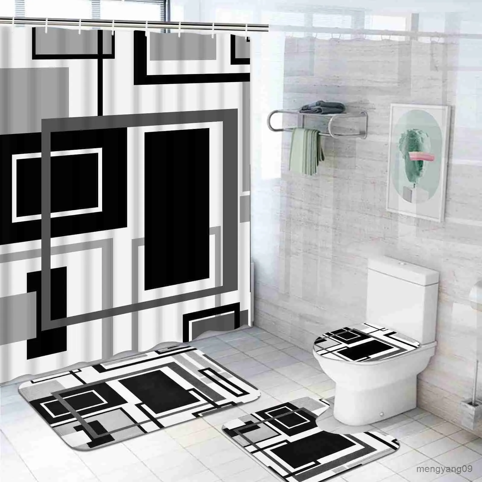 Shower Curtains Geometric Blue Shower Curtain Set Non-Slip Rug Cover Bath Mat Black Gray Bathroom Decor Set Waterproof Shower Curtain R230830