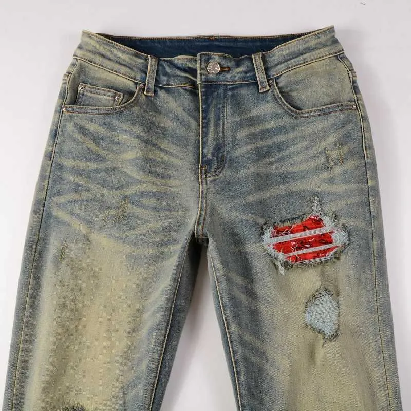 Mens Light Blue Drip Denim Patched Jeans With Distressed Mens Light Blue Drip Denim Patched Jeans With Distressed