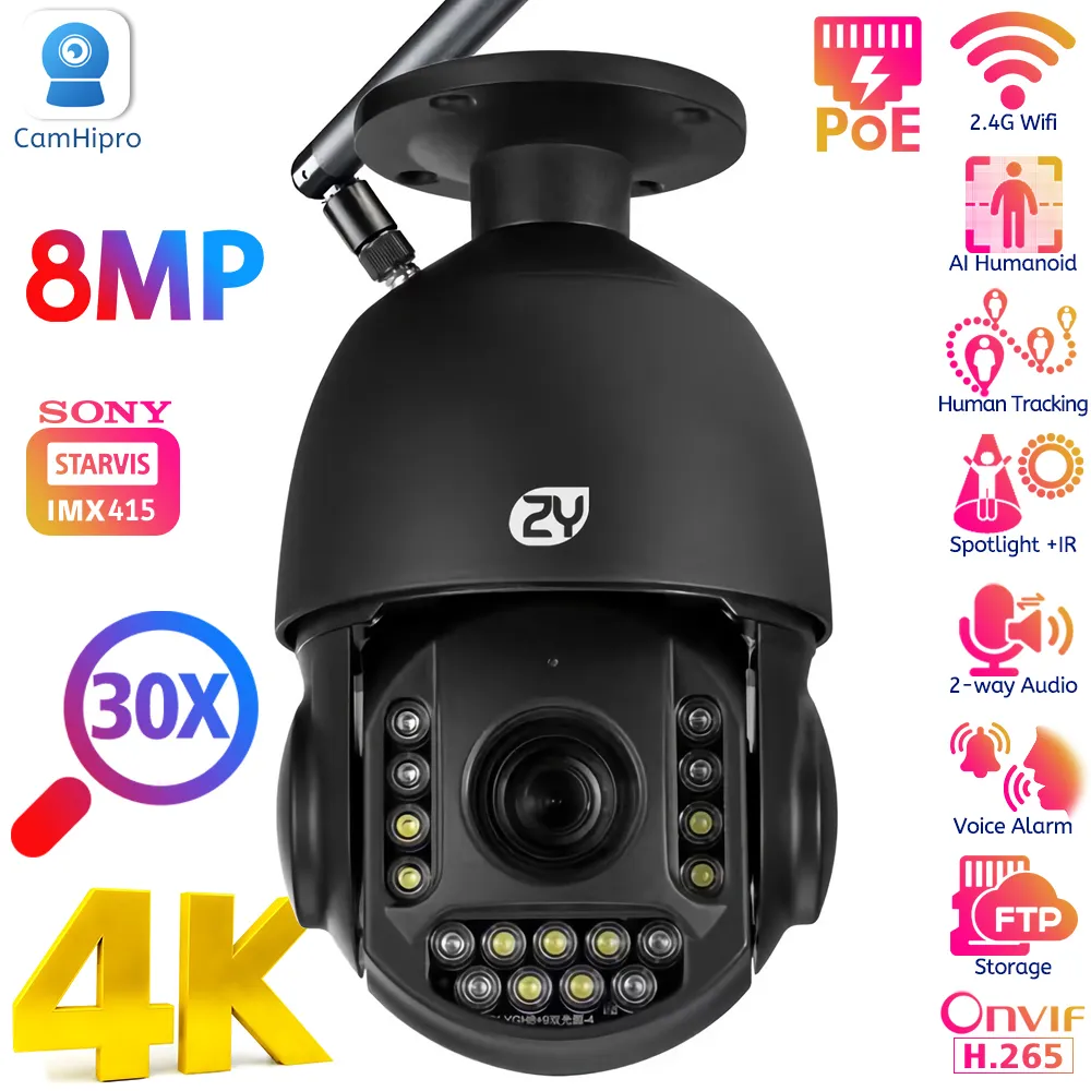 IP Cameras 4K 8MP 30X Zoom Wifi Surveillance Outdoor Ceiling Mount Auto Tracking Speed Dome PTZ Color Night Vision PoE Camera 230830