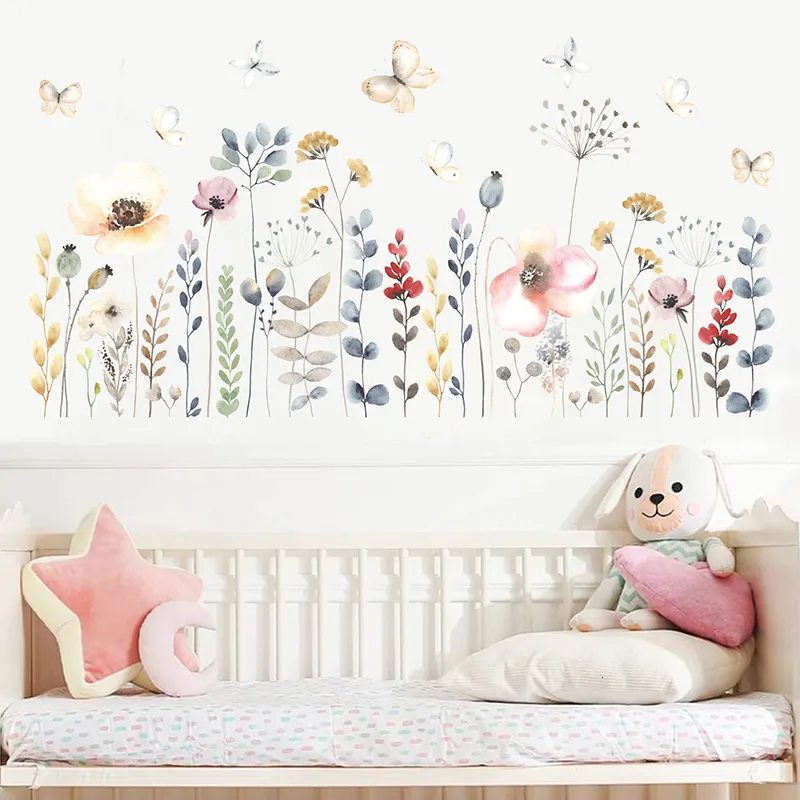 Wall Stickers Boho Style Watercolor Flowers Floral for Living Room Bedroom Baseboard Decals Home Decorative Murals 230829