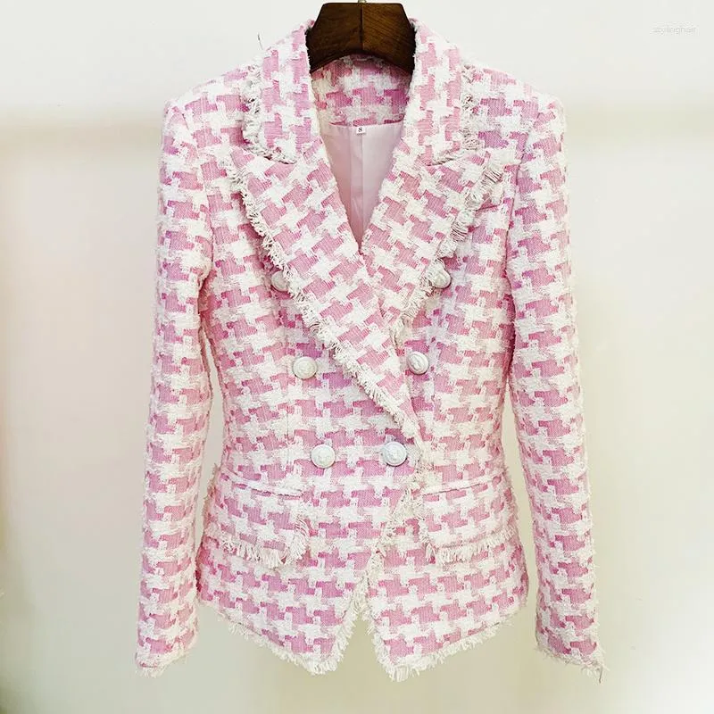 Kurtki damskie EST High Street 2023 Designer Kurtka Lion Buttons Pink frędzle z frędzlami Paundstooth Tweed Blazer