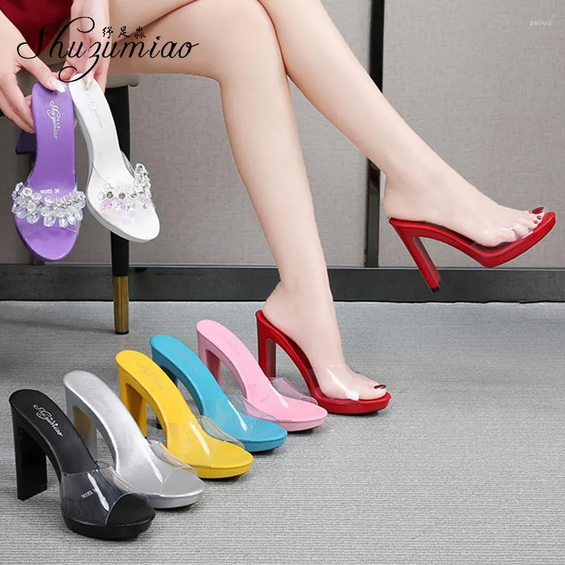 Slippers Shuzumiao Women Shoes 2023 Summer Transparent Square Heel High Heels11cm Party Pole Dance Ladies Slides