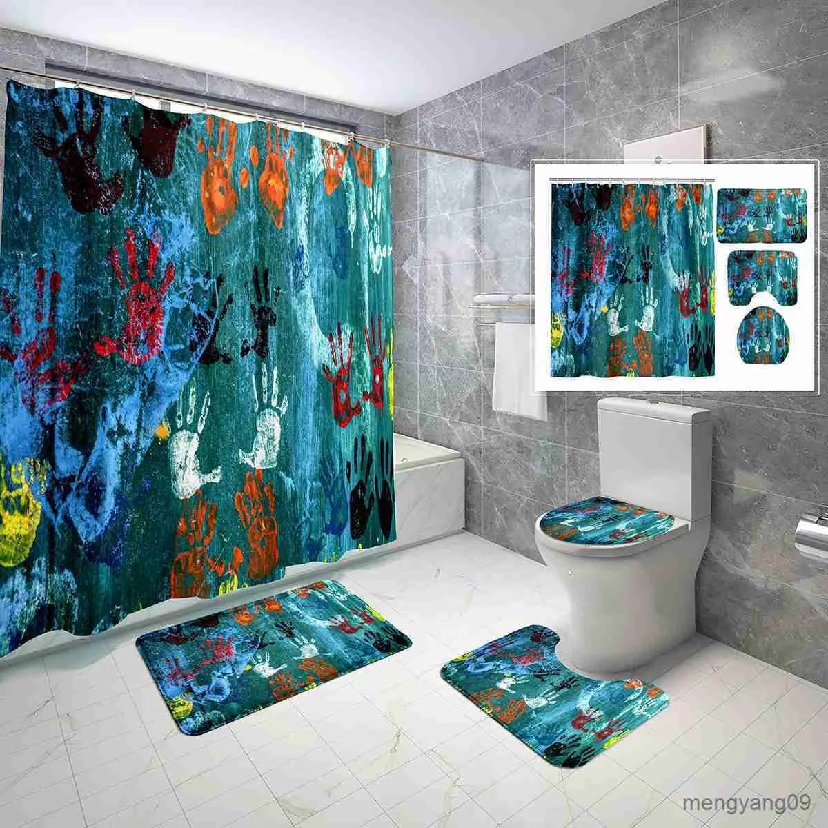 Shower Curtains Ink Painting Shower Curtain Set with Cover Non-Slip Bath Mat Drawings Sakura Waterproof Shower Curtain Set R230831