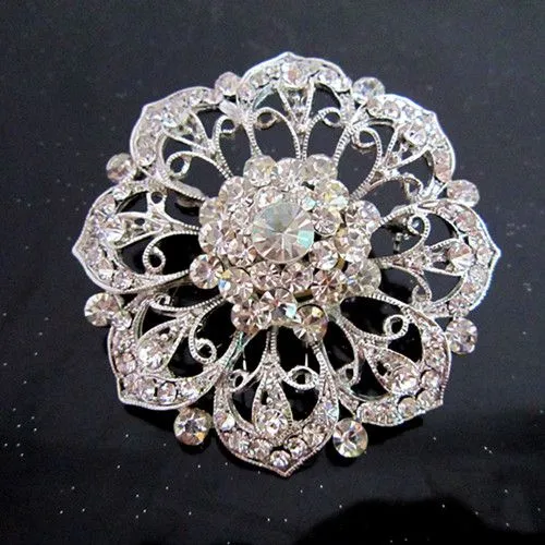 Broche de flor grande de cristal de strass transparente banhado a prata vintage-ródio para casamento