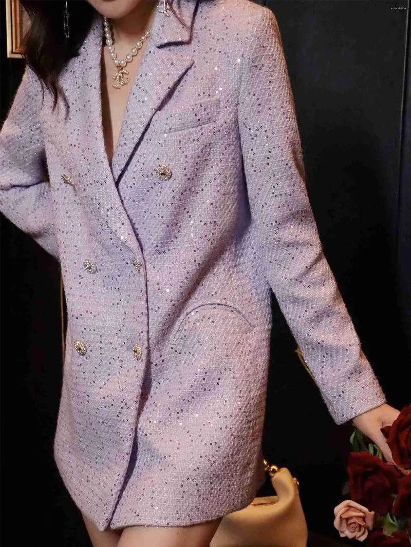 Women's Trench Coats French Elegant Light Luxury High End Fragrant Purple Sequin Suit Collar Gentle Silhouette Coat