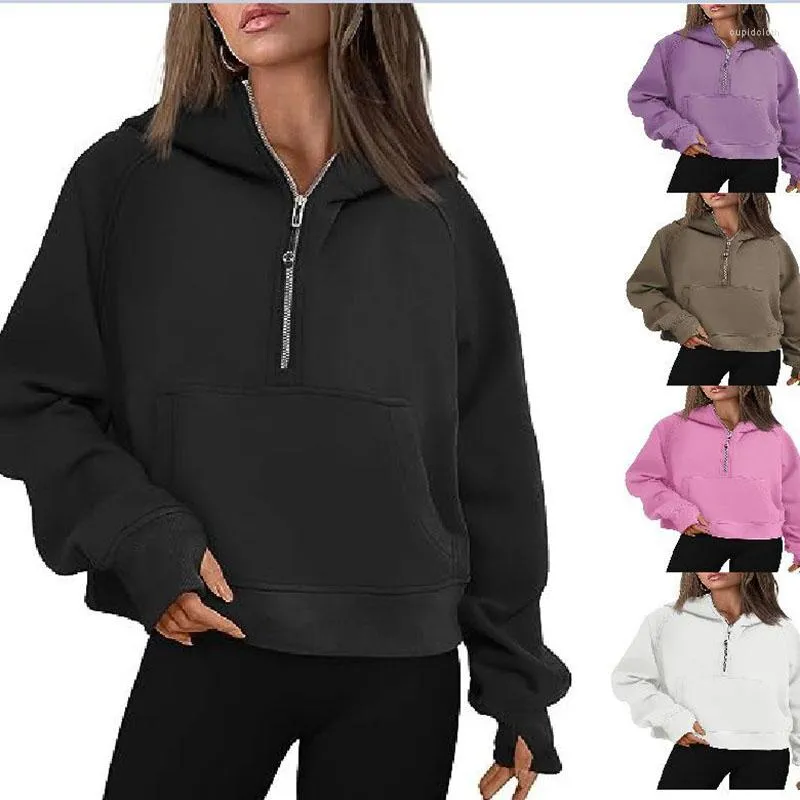 Kadın Hoodies Yarım Zip Sweatshirts Kırpılmış Polar Kadınlar Çeyrek Yukarı Küley Kazaklar Güz kıyafetleri 2023 Kış Giysileri