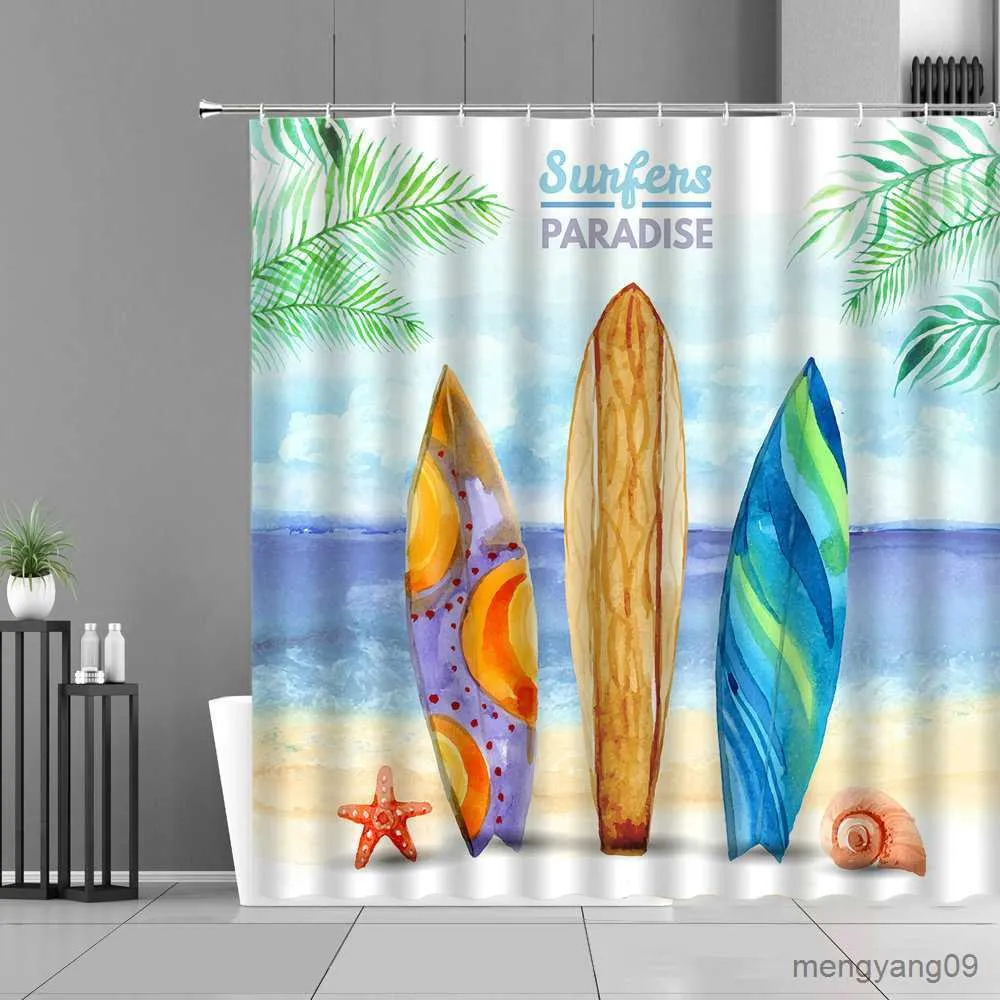 Shower Curtains Summer Ocean Scenery Shower Curtains Coconut Tree Sailboat Surf Board Seascape Cartoon Pattern Child Room Decor Bathroom Curtain R230831