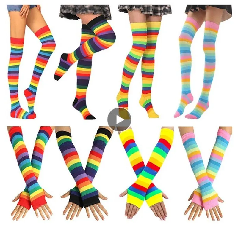 Bas arc-en-ciel colorés, chaussettes mignonnes aux cuisses et aux genoux, chaussettes de danse rayées, gants chauffe-bras, Costume de Cosplay pour femmes