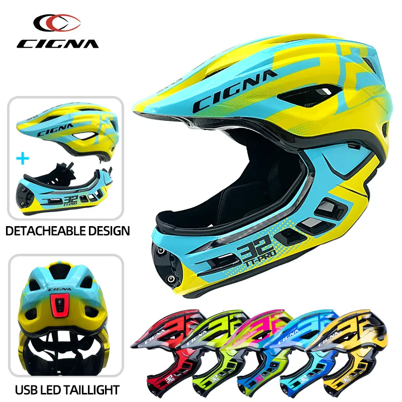 Cykelhjälmar Cigna TT32 Pro Kids Full Face Helmet Casco MTB USB Light Löstagbar Barn cykel Säkerhetsbalans Bike 230830