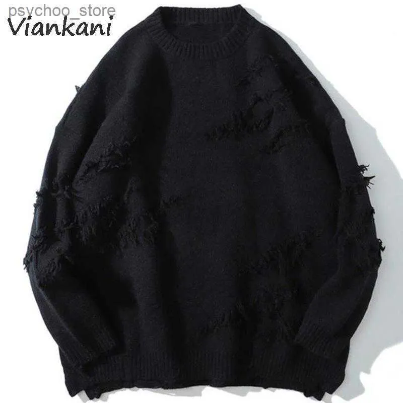 Vintage Men Sweater Hip Hop Harajuku odzież Streetwear Pullovers Zakryjnie Zryta czysta kolorowa dziura wełna swetry Tops Q230830