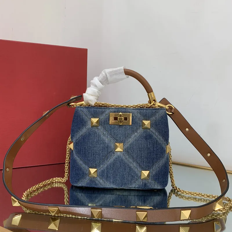TOP Quality Women Studs Bucket Bag Blue Gold Studs Luxury Designer