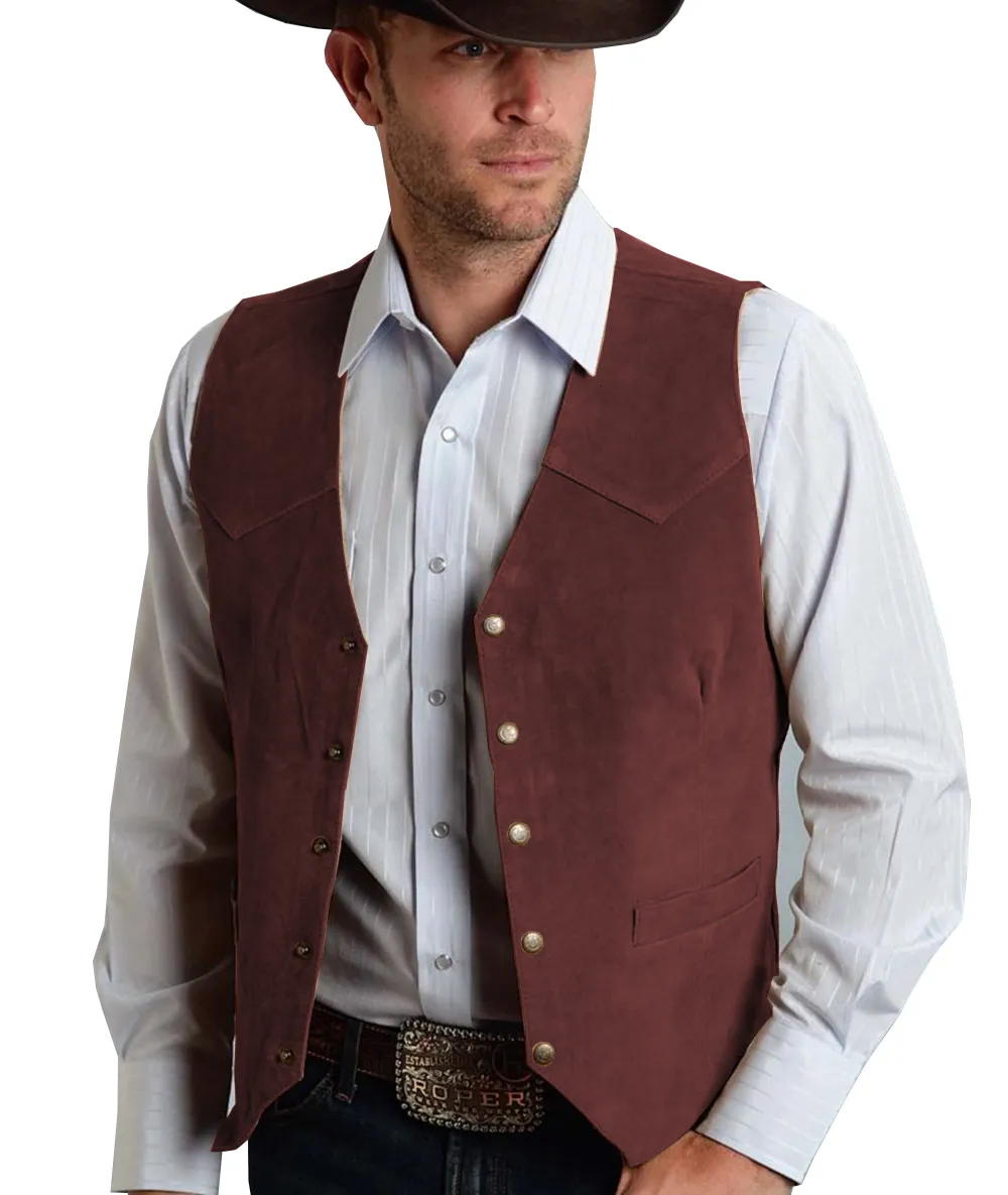 Gilet da uomo marrone gilet formale da lavoro in pelle scamosciata gilet sposo per matrimonio cowboy 230829_voghion.com