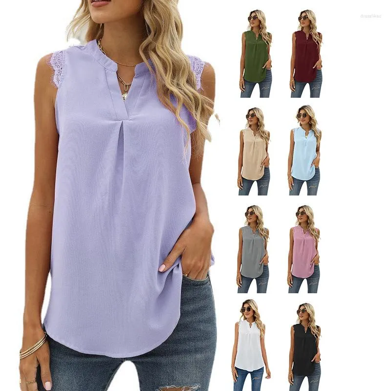 Men's T Shirts 2023 European And American Women's Spring Summer Solid Color Shirt Loose V-neck Sleeveless Lace Top