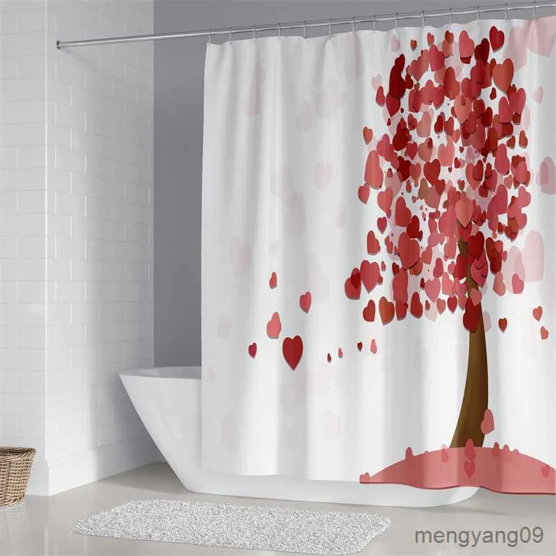 Cortinas de ducha Día de San Valentín Amor Corazón Árbol Cortina de ducha Conjunto con alfombras Dulces amantes Boda Matrimonio Chica Señoras Tela Alfombra Alfombra R230831