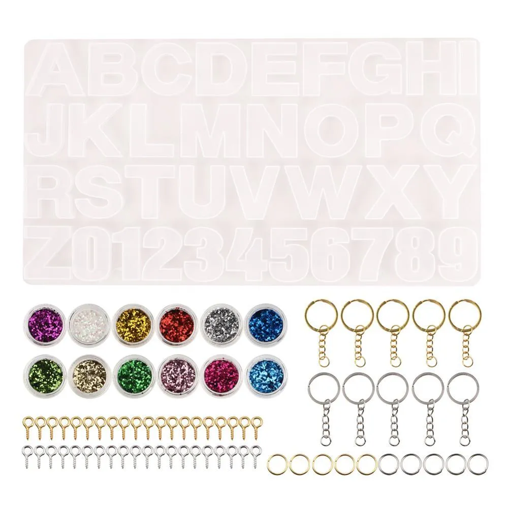 Andere nummer Alfabetbrief Siliconenhars schimmel Key Rings Glitter -pailletten voor sieraden Craft Casting Keychain Pendant Making Tools Set