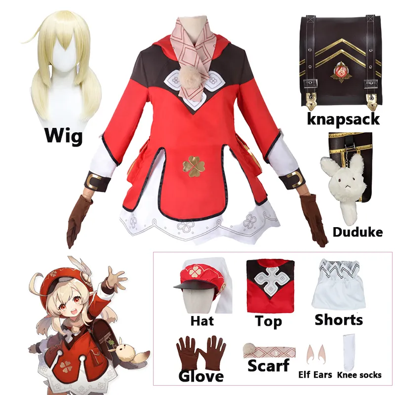 Theme Costume GAME Klee Cosplay Costume Game Genshin Impact Woman Halloween Carnival Red Dress Loli Hat Ears Wig Knapsack Full Set Props 230830