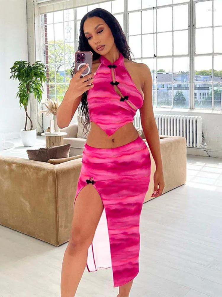 Abiti da lavoro Abiti con gonna sexy rosa Abiti stampati senza maniche con bottoni Backless Crop Top e abiti slim a due pezzi Club Abiti estivi 2023