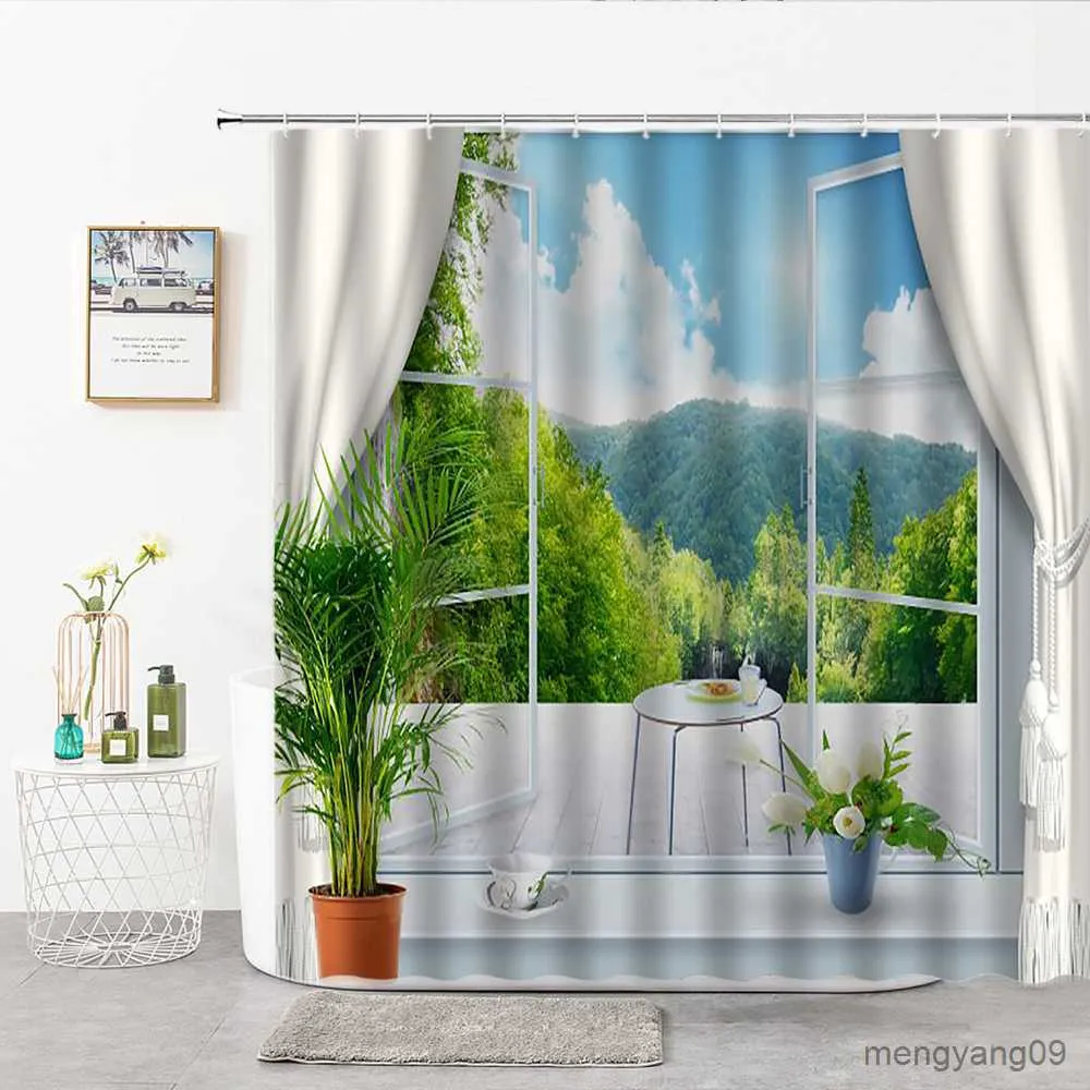 Shower Curtains Green Forest Natural Scenery Shower Curtains Outside The Window Country Style Decor Curtain For Bath Spring Summer Autumn R230831