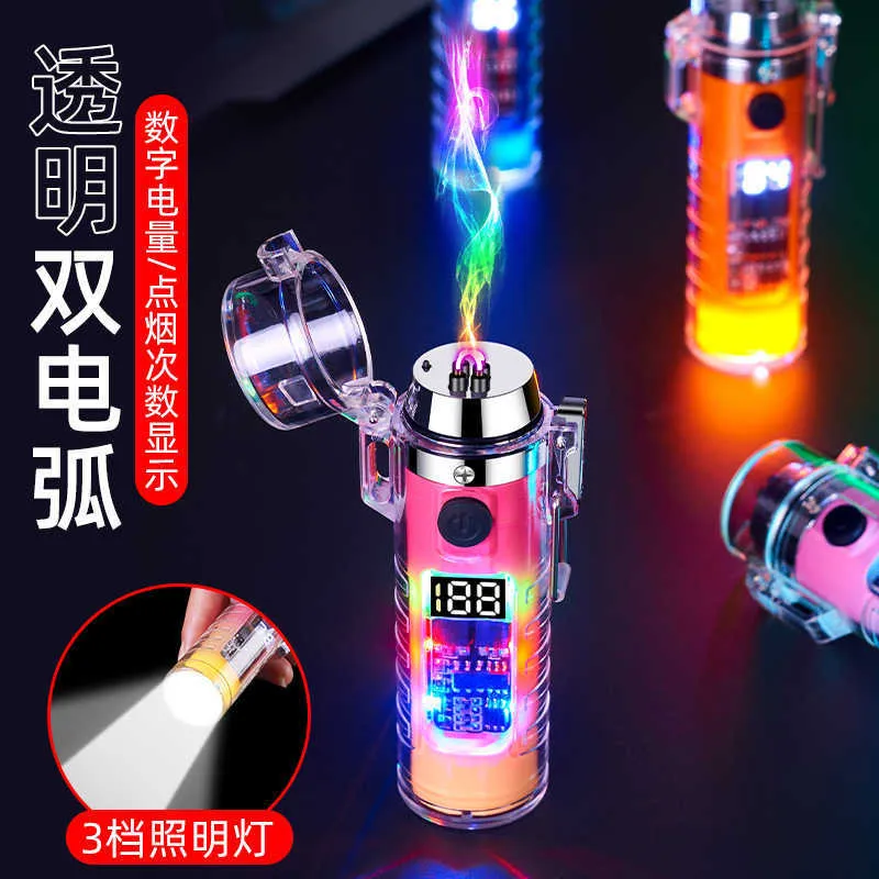 2023 Neues transparentes USB-Ladeimpulsfeuerzeug, zylindrische Taschenlampe, wasserdicht, winddicht, Outdoor-Gadget, Herrengeschenk Q73F