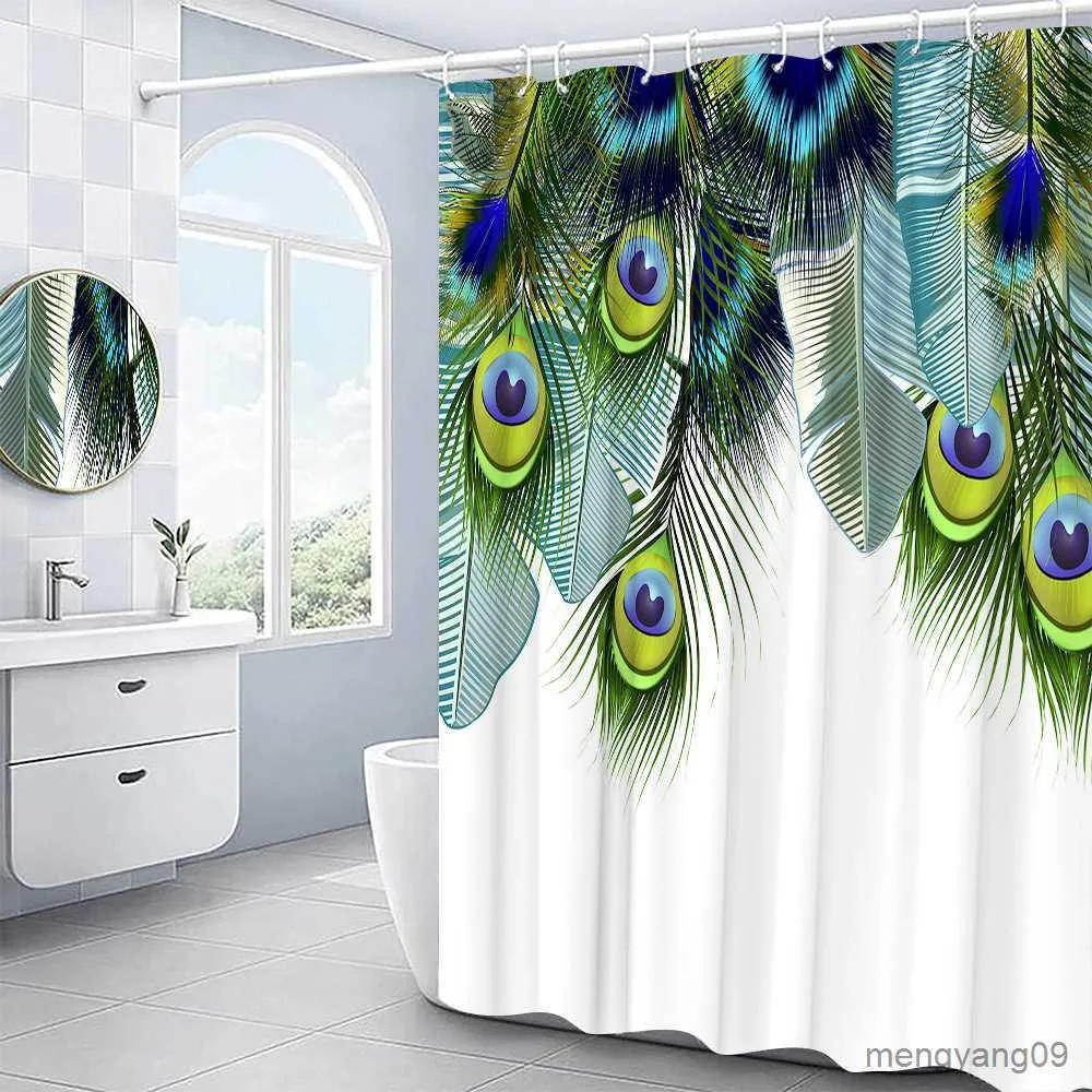 Tende da doccia Piume di pavone luminose Tenda da doccia Estetica Decorazione in tessuto multicolore Tenda di stoffa bianca Set di accessori per il bagno R230830