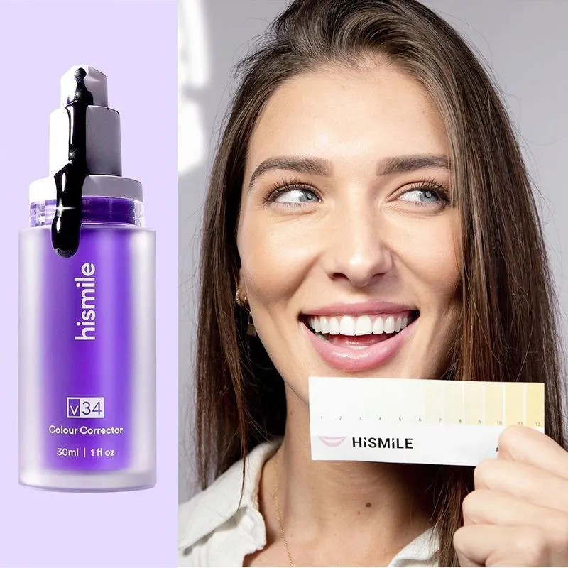 Hismile V34 Creme dental corretor de cor roxa Mousse de dentes branqueadora eficaz Creme dental branqueador de limpeza oral Refrescante Redução de manchas amarelas