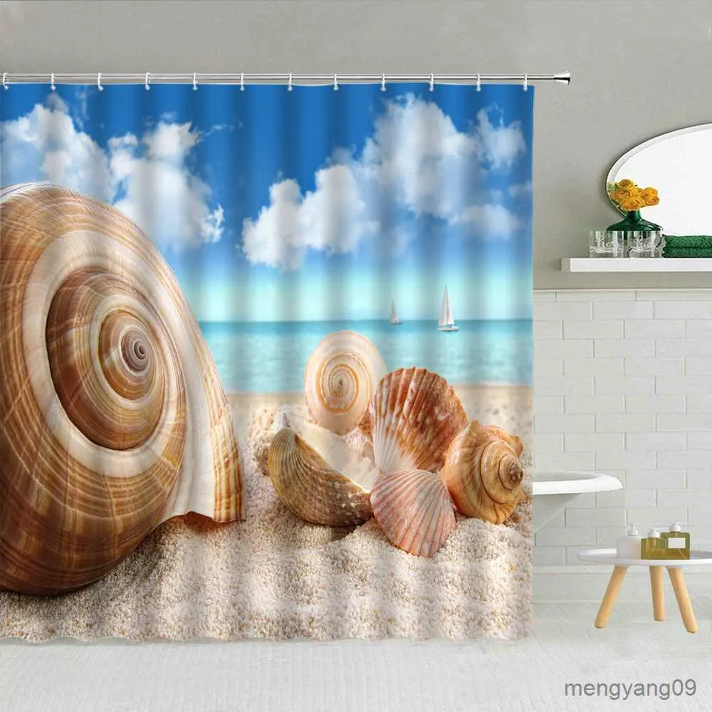 Tende da doccia Stelle marine Sabbia Blu Fondale in legno Tenda da doccia Mare Spiaggia Onde del mare Scenario Decorazioni per il bagno per bambini Tende con vista sull'oceano R230830