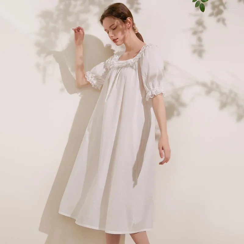 Women's Sleepwear Princess Nightgown Young Girl Puff Sleeve Short-sleeve Royal Vintage Simple Design Long Dress Cotton