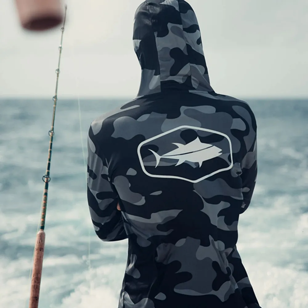 Mens Long Sleeve Hooded Fishing Shirt UV Manga Performance Fishing
