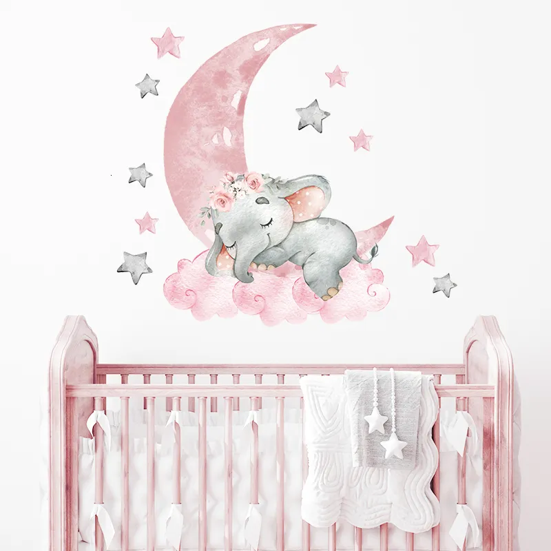 Pegatinas de pared de dibujos animados rosa bebé elefante globo de aire calcomanías guardería decorativa luna y estrellas para niña 230829