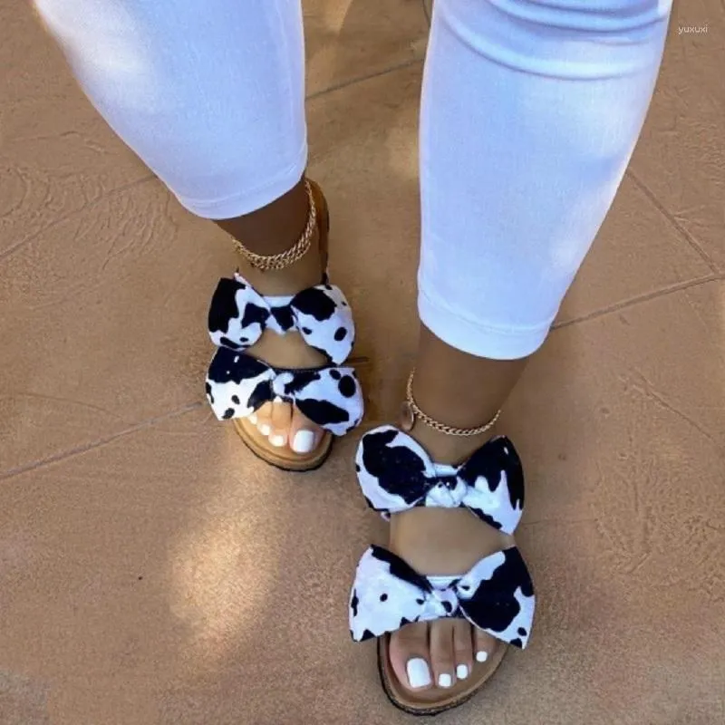 Slippers Women Summer Sandals 2023 Cow Bow-knot Slides Tie Dye Graffiti Footwear Non-Slip Flip Flop Beach