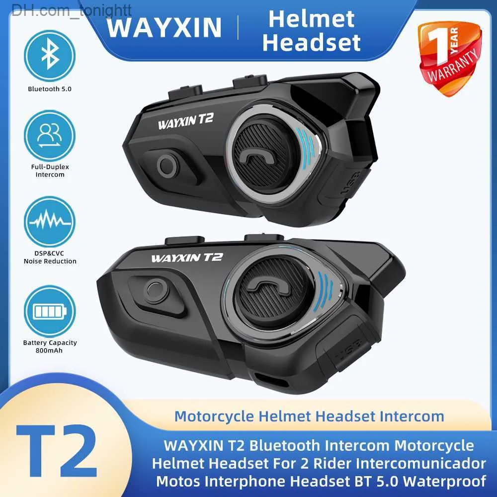 Wayxin T2 Bluetooth Intercom Motorcycle Helmet Headset for 2 Rider Intercomunicador Motos InterphoneヘッドセットBT 5.0防水Q230830