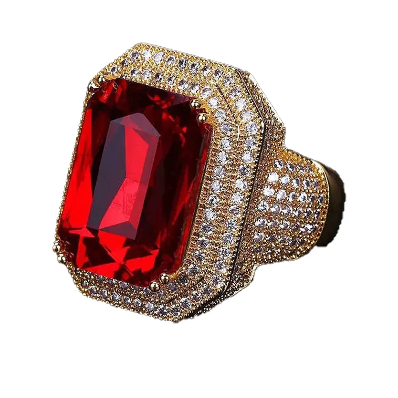 Fashion Big Male Wide Red Zircon Stone Geometric Ring Luxury Yellow Gold Iced Out Wedding Rings for Men Women Hip Hop Z3c175 Q07082174070