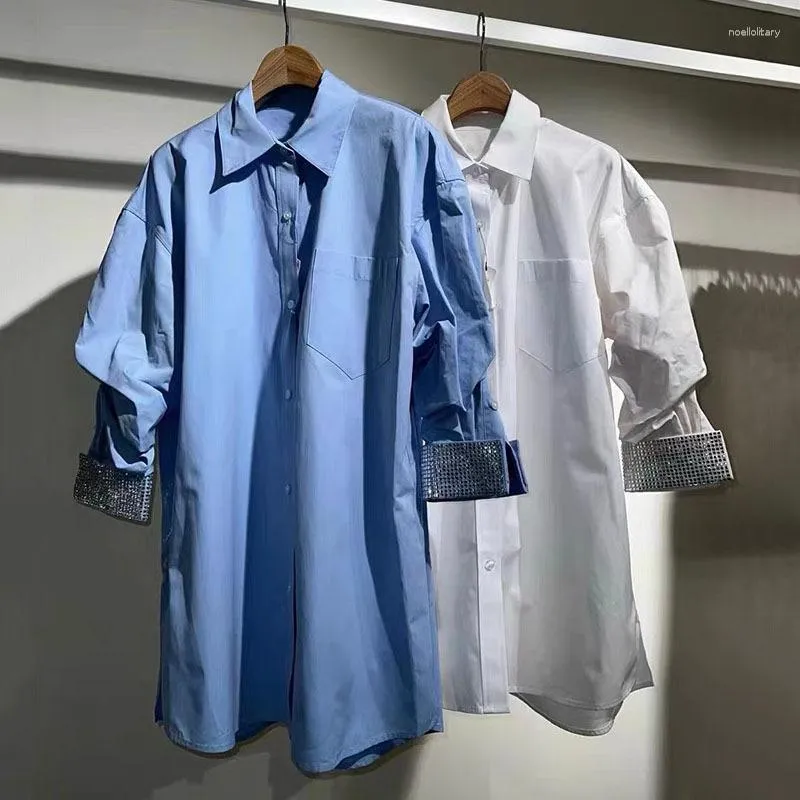 Chemisiers mi-longs pour femmes, Style automne et hiver, manchettes, cloutés de diamants, chemise à revers, jupe à simple boutonnage, 2023